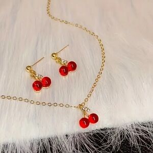 A set of Cherry Pendant Necklace and earrings, tiny and cute for little girls